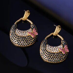 NAVY GOLD VINTAGE STYLE STATEMENT EARRINGS BUTTERFLY